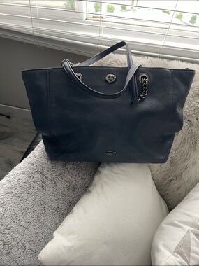 Coach dark blue Pebbled Leather Tote with Turnlock and Chain Accent
